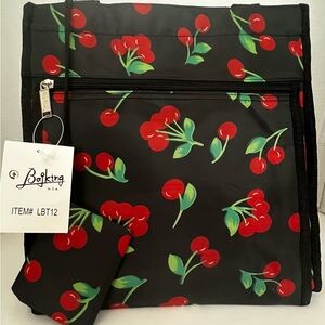 NWT Bag King  Cherry Print Black Tote Bag With Coin Purse Fabric Handles Pockets